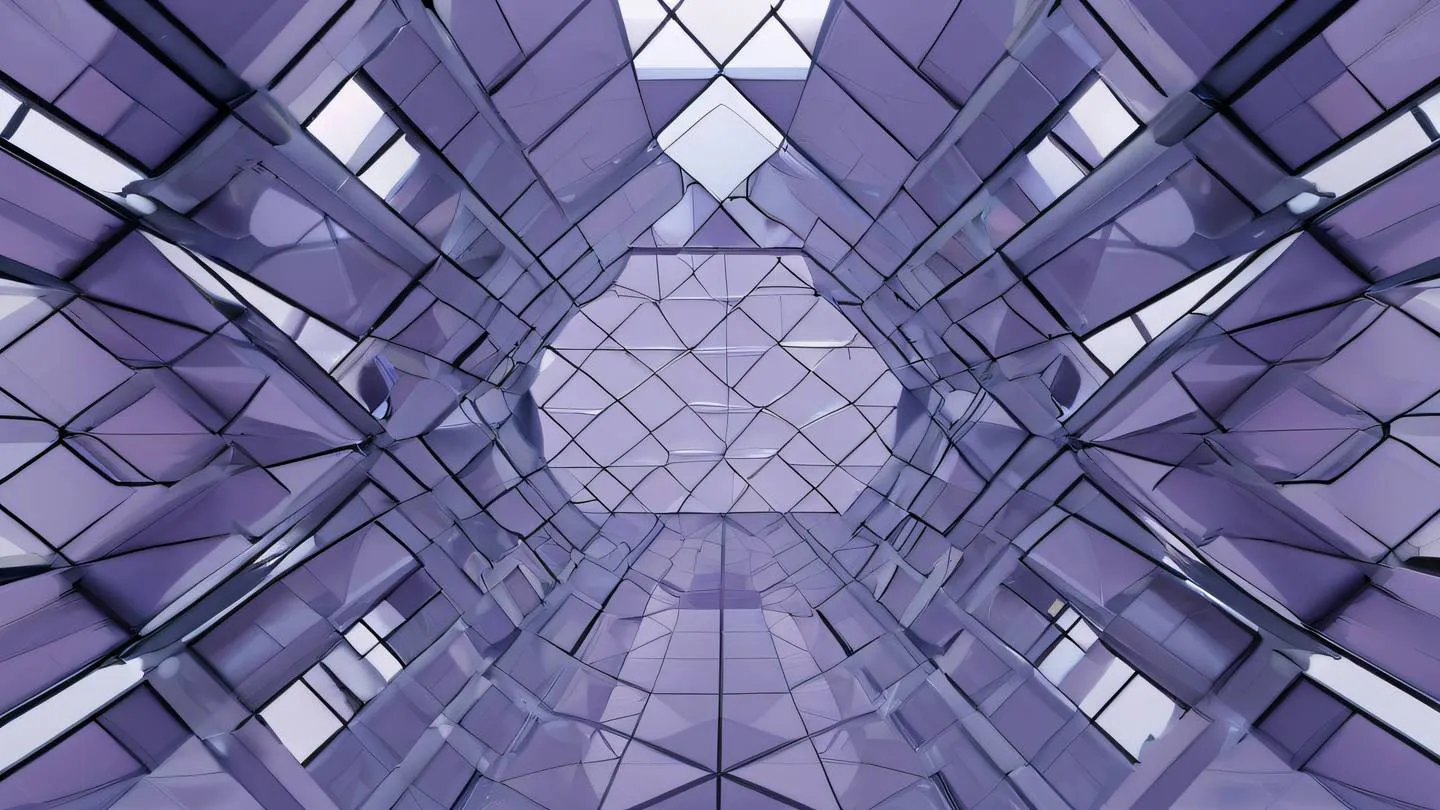 Modern architectural structure with repeating geometric patterns and glass surfaces reflecting soft dusty lavender and periwinkle colors creating a sense of symmetry and organization high-quality ultra-realistic cinematic 8K UHD high resolution sharp and detail