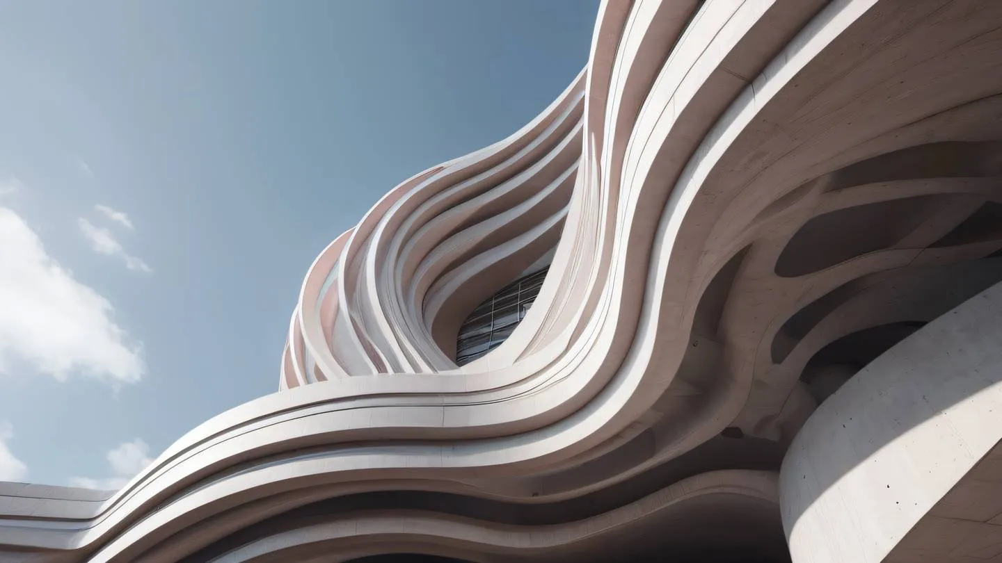 Abstract modern concrete architecture with flowing curves and dynamic shapes featuring pristine white and soft rose color palette showcasing intricate layered structures that resemble code patterns and interfaces viewed from a dramatic upward angle high-quality ultra-realistic cinematic 8K UHD high resolution sharp and detail