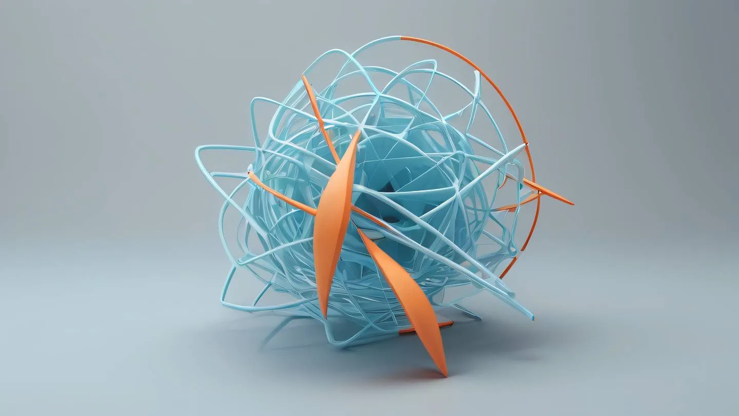 Minimalist geometric sculpture with interconnected shapes in baby blue and salmon-orange tones representing data flow and structural relationships captured from a bird's eye perspective high-quality ultra-realistic cinematic 8K UHD high resolution sharp and detail