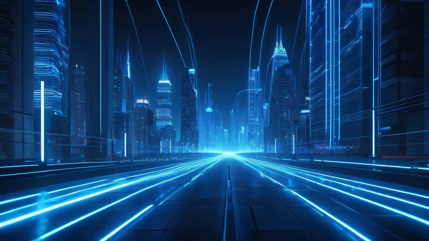 Futuristic cityscape with flowing energy lines in bright neon blue and indigo colors showcasing interconnected pathways and geometric patterns shot from a low angle perspective with dramatic lighting high-quality ultra-realistic cinematic 8K UHD high resolution sharp and detail