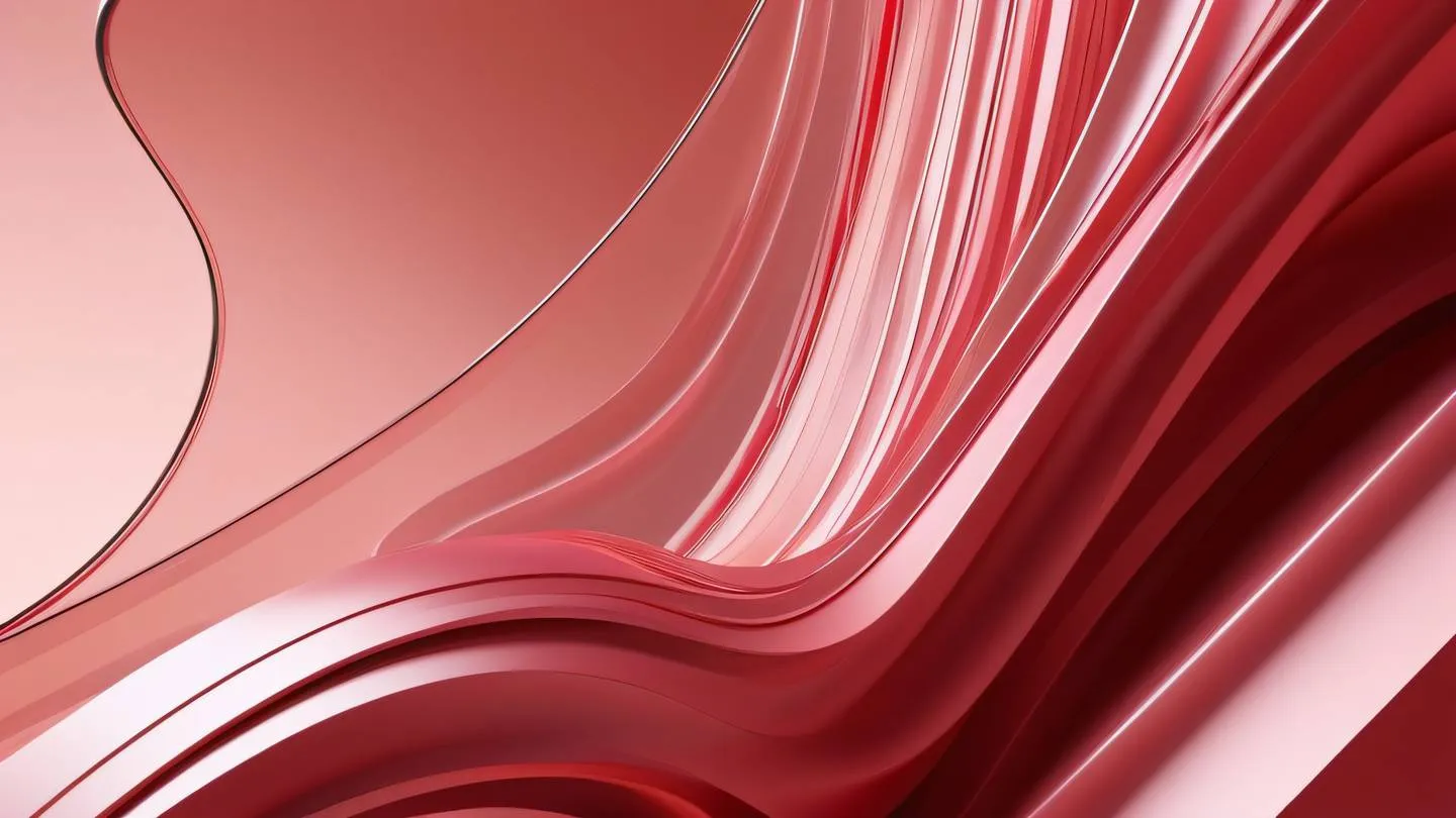 Abstract architectural elements with flowing lines in peach and ruby red colors featuring layered transparent surfaces that create depth and movement photographed from an oblique angle high-quality ultra-realistic cinematic 8K UHD high resolution sharp and detail