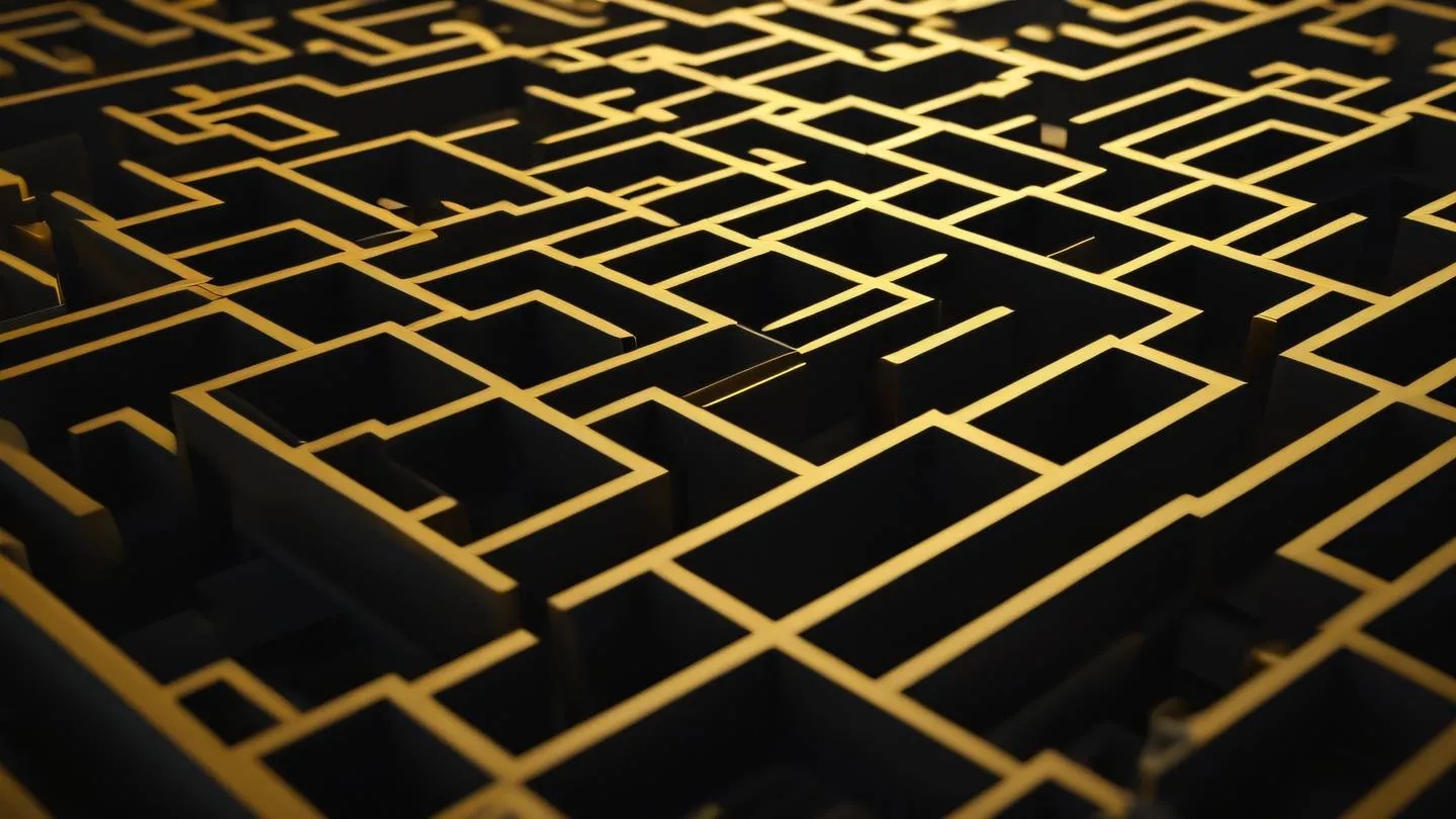 Abstract geometric shapes forming a maze-like pattern in butterscotch yellow and black symbolizing the complexity of error handling captured from a 45-degree angle with dramatic side lighting high-quality ultra-realistic cinematic 8K UHD high resolution sharp and detail