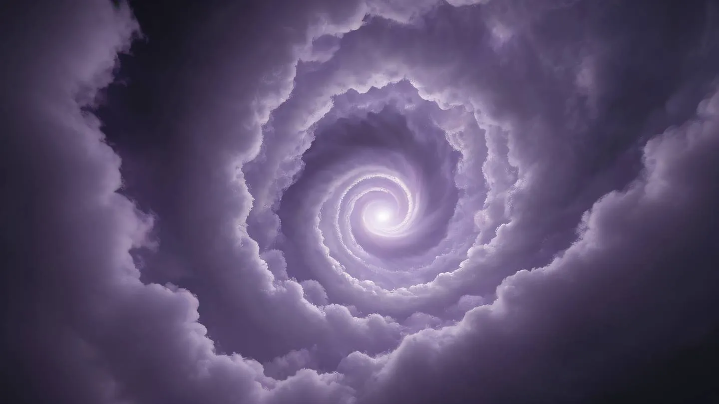 Ethereal cloud formations in amethyst and gray tones swirling in a spiral pattern suggesting natural error flow photographed from below looking upward high-quality ultra-realistic cinematic 8K UHD high resolution sharp and detail