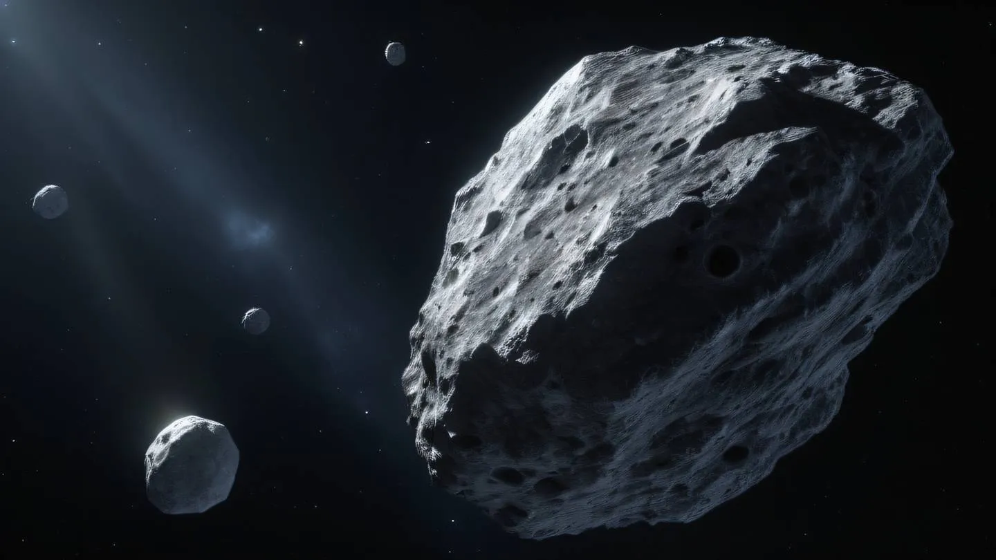 Rocky asteroid floating in space with sharp crystalline formations in bright silver and white tones against a deep black background captured from a dramatic side angle high-quality ultra-realistic cinematic 8K UHD high resolution sharp and detail