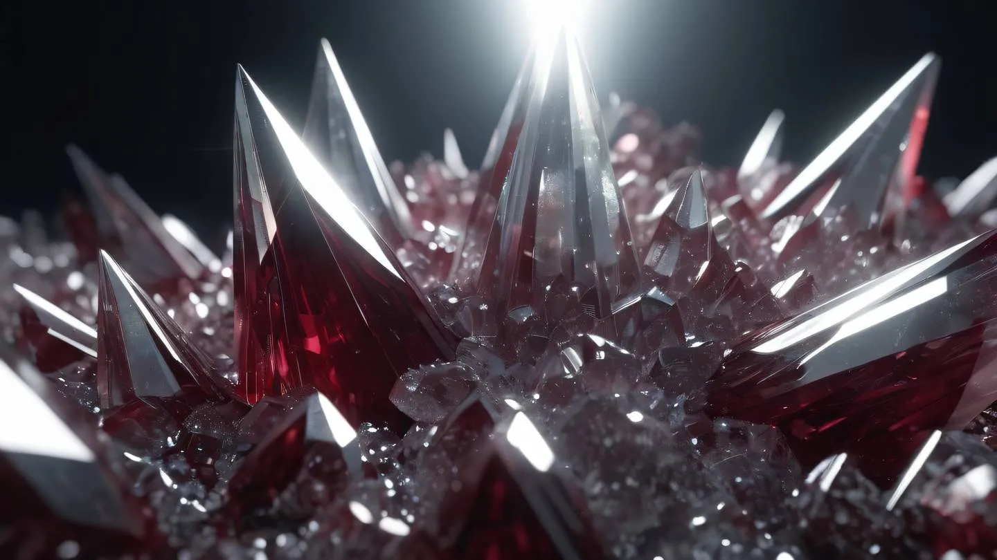 Elegant light rays piercing through geometric crystal formations in bright silver and maroon colors viewed from a diagonal angle high-quality ultra-realistic cinematic 8K UHD high resolution sharp and detail