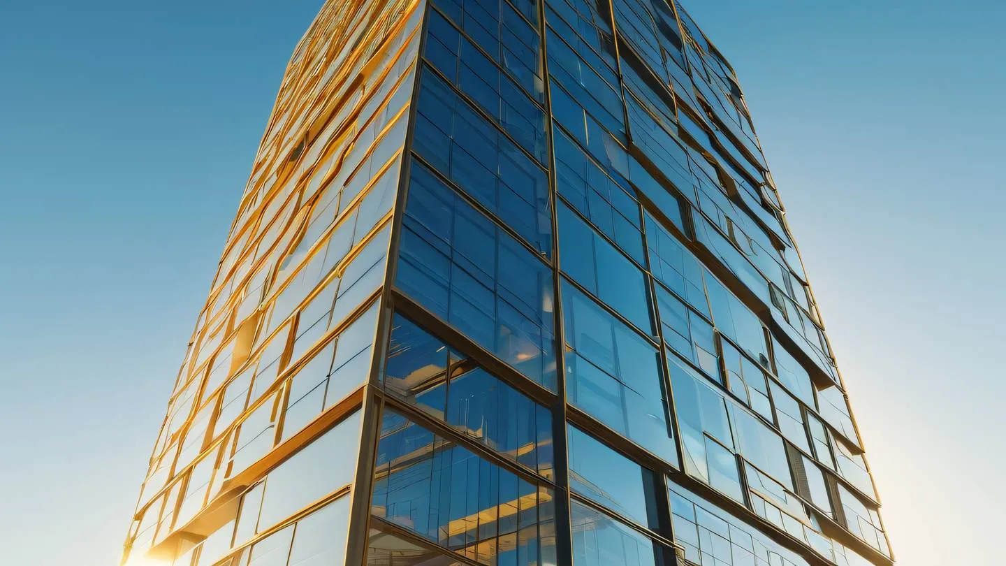 A futuristic modern glass building with geometric patterns reflecting golden sunlight against a bright blue sky ultra-realistic cinematic 8K sharp details high resolution aerial view angle rising up from ground level