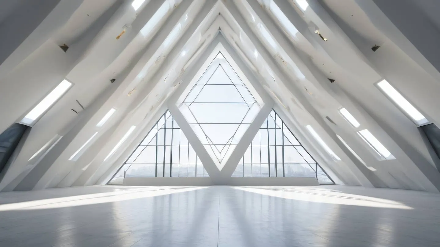 Rays of bright white light streaming through geometric windows into an empty modern architectural space with clean lines and golden accents ultra-realistic cinematic 8K UHD high resolution low angle shot looking upward