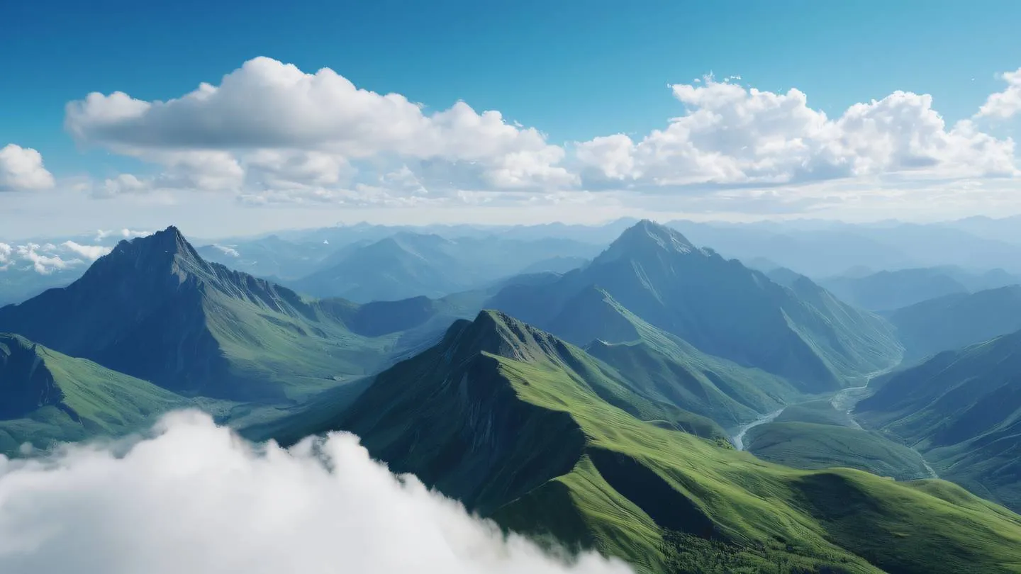 Pristine green mountain peaks with streaming white clouds between them against a bright blue sky ultra-realistic cinematic 8K UHD high resolution wide panoramic shot from adjacent peak