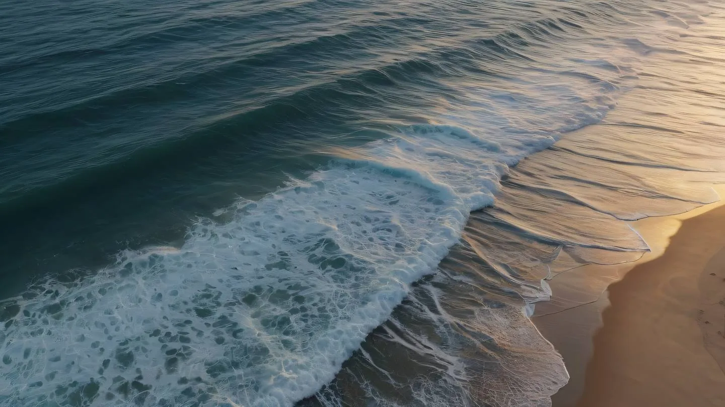 Calm ocean waves meeting a pristine beach at sunset with orange and white sky reflecting on the water surface ultra-realistic cinematic 8K UHD high resolution drone view angle looking down at 45 degrees