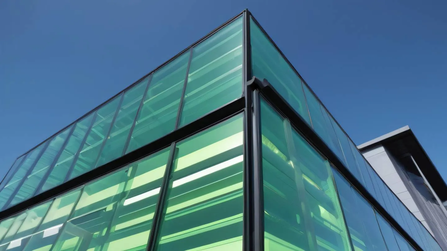 A modern minimalist architectural structure with clean lines and geometric shapes featuring bright green glass panels against black steel framework photographed from a low angle perspective looking up showcasing the intersection of surfaces - high-quality ultra-realistic cinematic 8K UHD high resolution sharp and detail