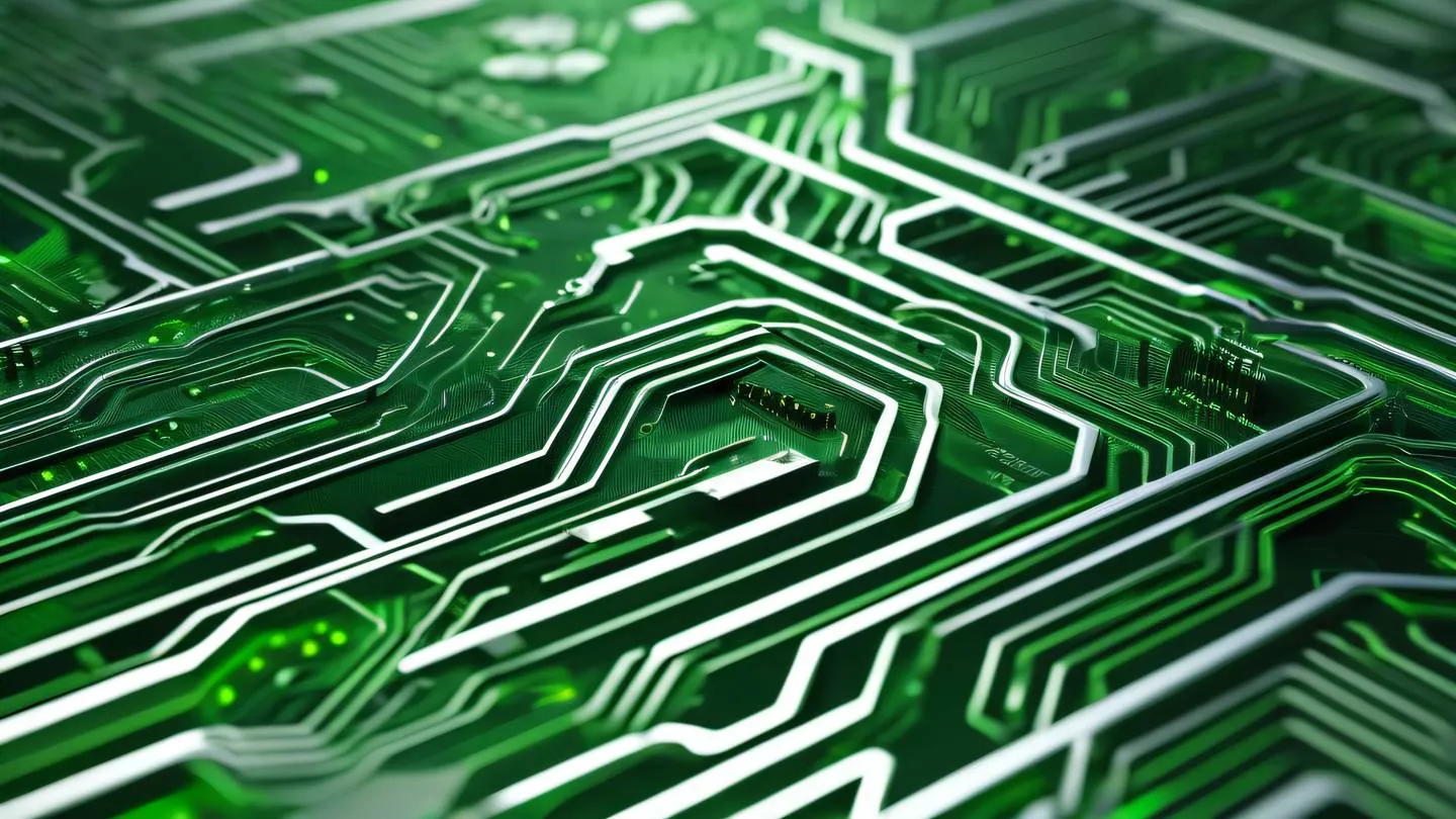 A series of interconnected geometric shapes in bright green and silver flowing like a circuit board pattern viewed from a diagonal angle abstract representation of memory optimization - high-quality ultra-realistic cinematic 8K UHD high resolution sharp and detail