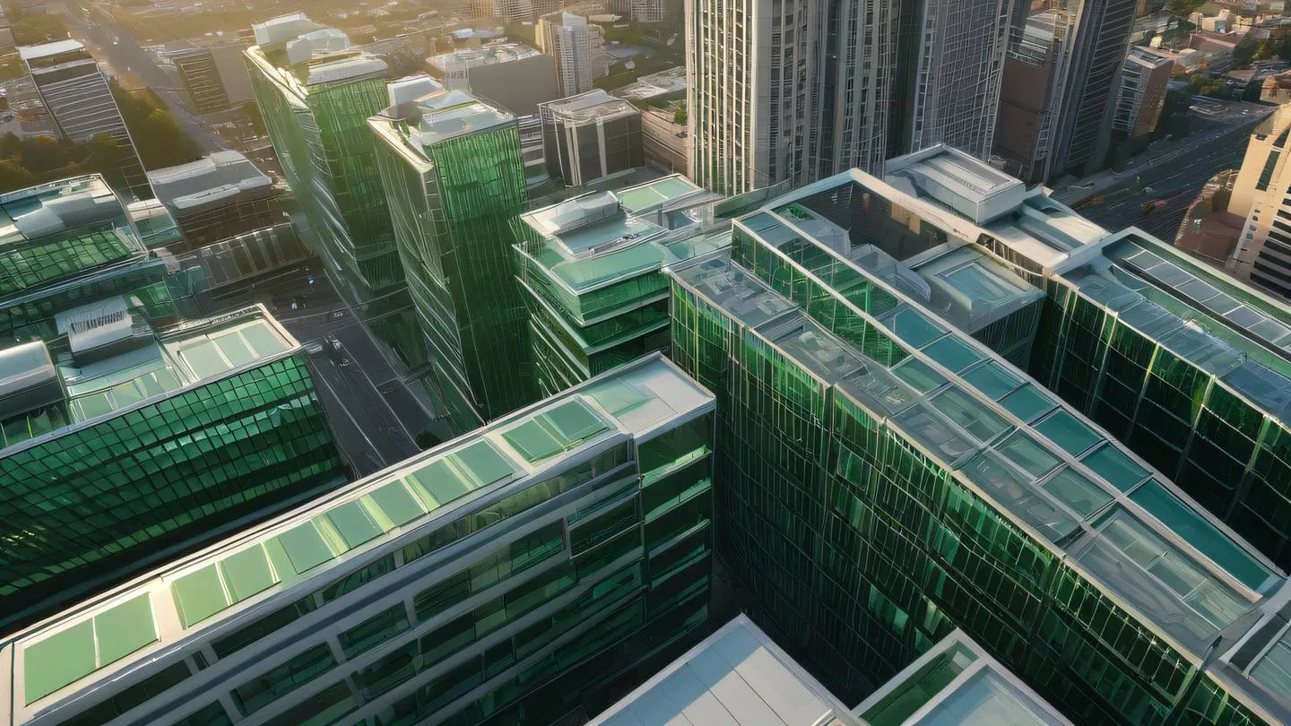 An abstract architectural cityscape with clean geometric shapes and lines predominantly featuring silver and bright green glass surfaces photographed during golden hour from a diagonal aerial perspective - high-quality ultra-realistic cinematic 8K UHD high resolution sharp and detail