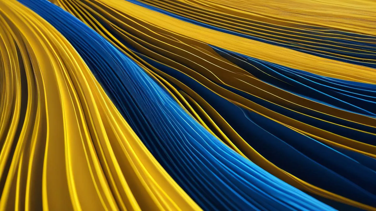 Abstract flowing lines representing performance optimization and speed with dynamic waves and streaks in sunshine yellow and sapphire blue colors sharp curves mimicking performance graphs captured from a top-down perspective high-quality ultra-realistic cinematic 8K UHD high resolution sharp and detail