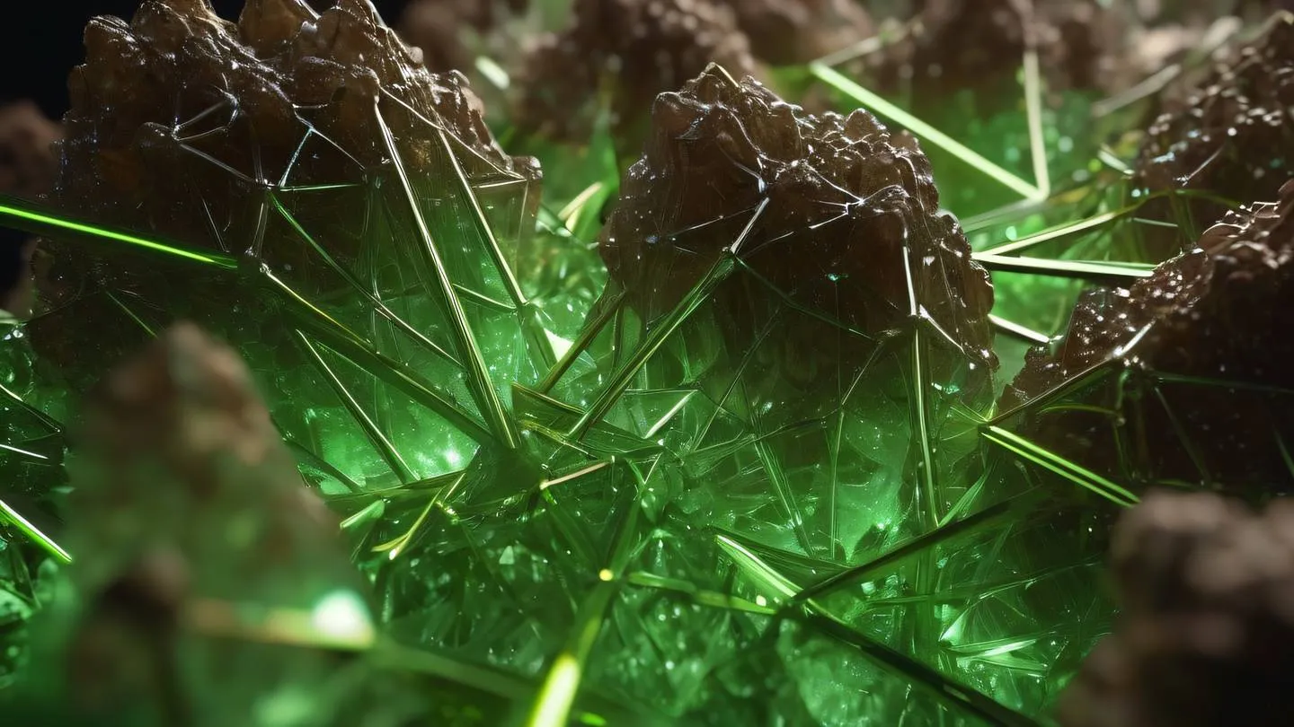 Geometric crystal formations growing and intersecting in contemporary brown and fluorescent green representing data structures and optimization macro shot from side angle high-quality ultra-realistic cinematic 8K UHD high resolution sharp and detail