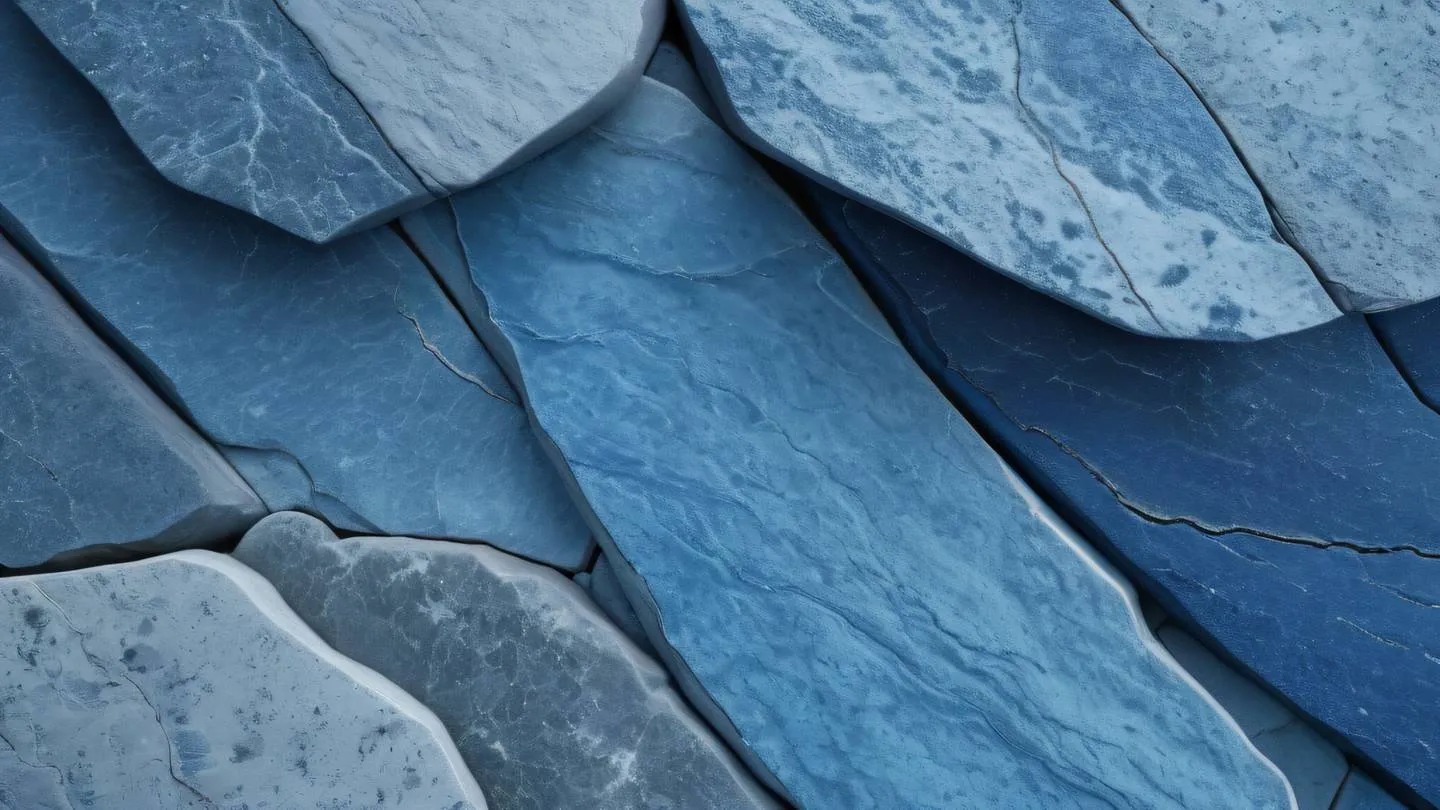 Smooth stone textures arranged in a gradient pattern showing different layers and depths in light blue and cobalt colors photographed from a 45-degree angle high-quality ultra-realistic cinematic 8K UHD high resolution sharp and detail