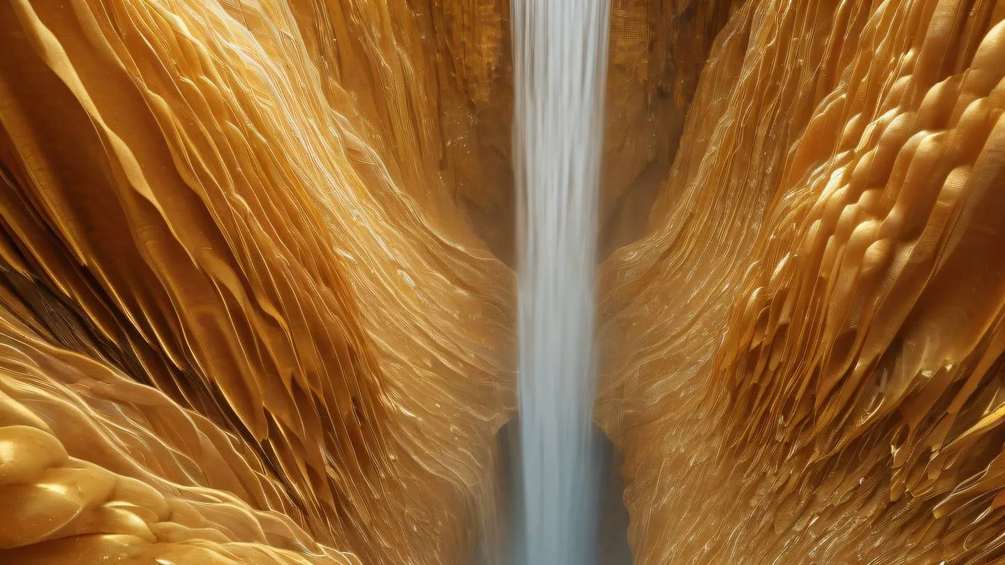 Abstract flowing pattern resembling a waterfall cascade with layers of translucent crystal-like structures in warm golden and amber tones viewed from a top-down perspective high-quality ultra-realistic cinematic 8K UHD high resolution sharp and detail