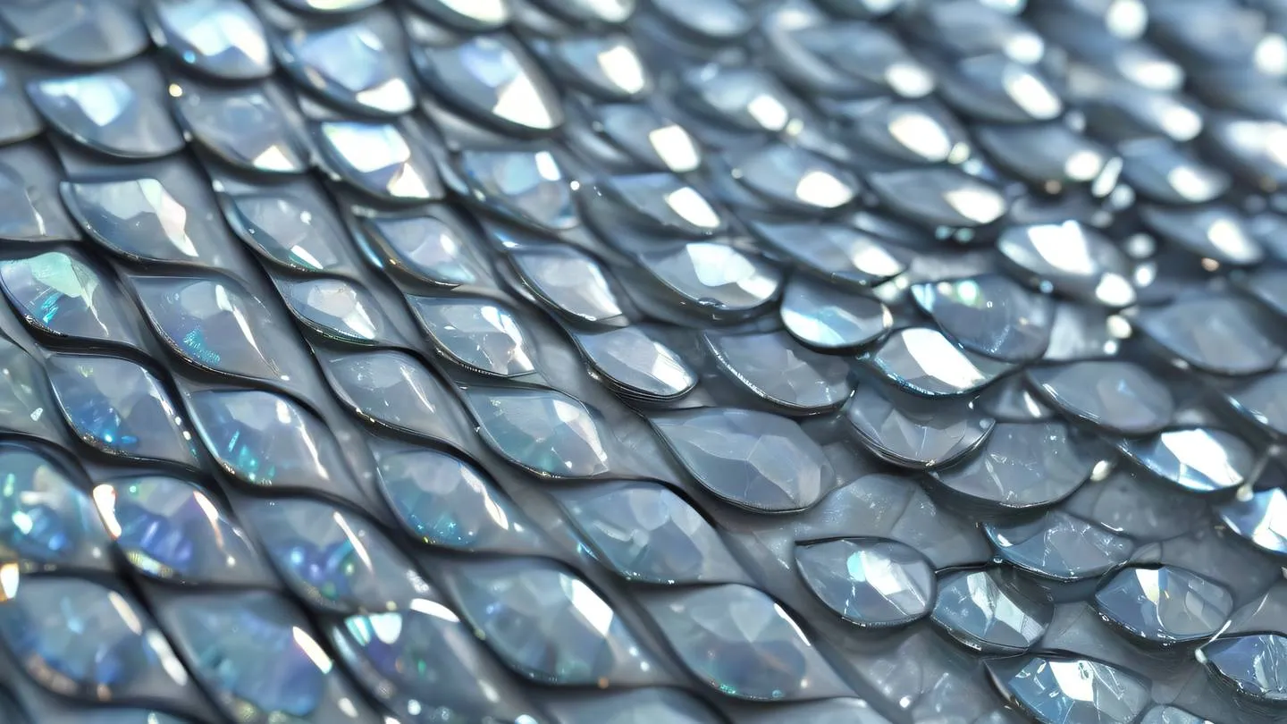 Crystalline fish scales with a holographic effect showing bright off-white and metallic silver colors photographed from a macro close-up angle high-quality ultra-realistic cinematic 8K UHD high resolution sharp and detail