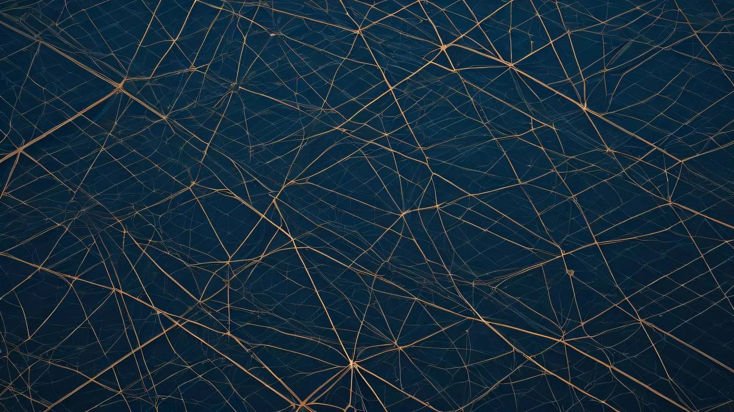 Aerial view of intersecting geometric paths and nodes creating a complex network pattern in deep ocean blue and clay tones with subtle gradient transitions high-quality ultra-realistic cinematic 8K UHD high resolution sharp and detail camera angle: directly overhead