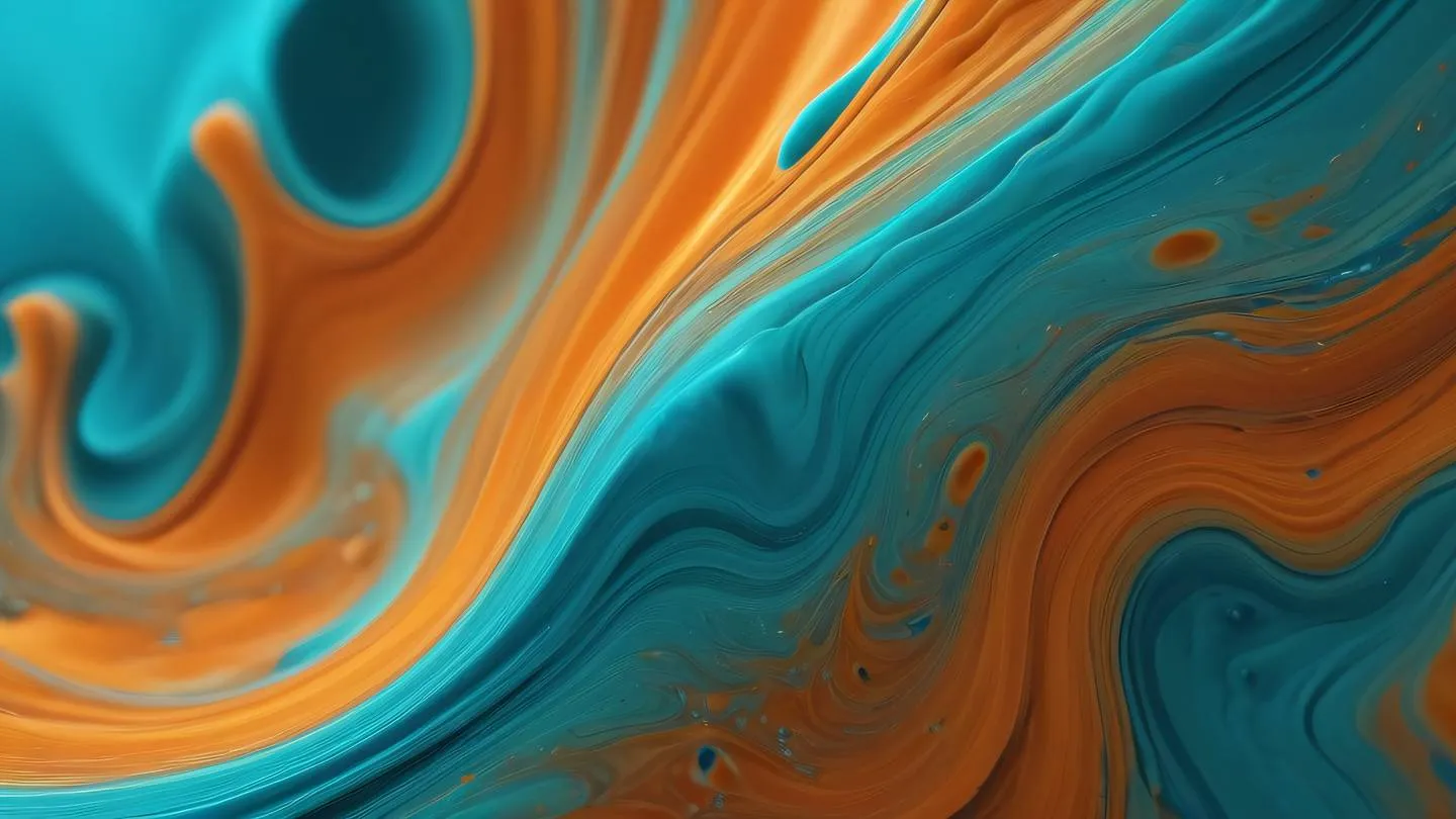 Abstract fluid dynamics visualization with swirling patterns and flowing elements in bold orange and turquoise blue creating a striking contrast featuring organic shapes and movement high-quality ultra-realistic cinematic 8K UHD high resolution sharp and detail camera angle: macro close-up