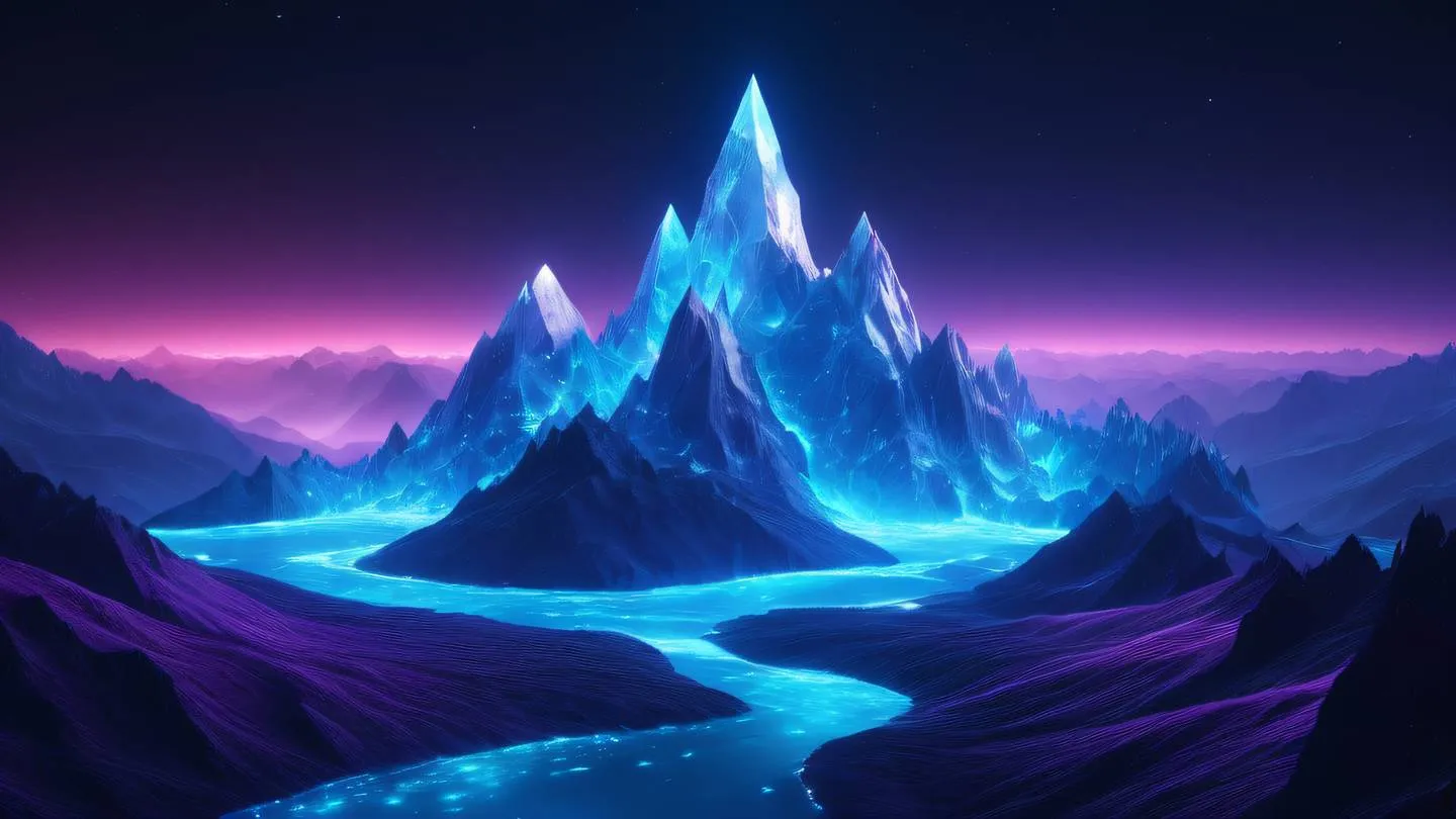 Abstract geometric mountain peaks made of crystalline structures glowing with neon blue and purple energy flowing rivers of light between peaks high-quality ultra-realistic cinematic 8K UHD high resolution sharp and detail