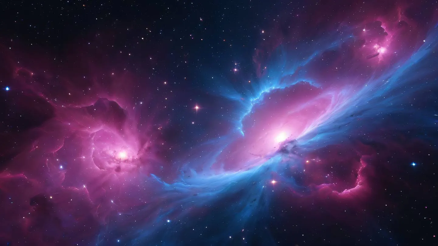 Vibrant nebula in space with swirling patterns of neon pink and electric blue cosmic dust particles creating intricate configurations high-quality ultra-realistic cinematic 8K UHD high resolution sharp and detail