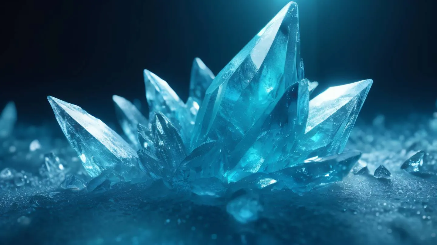 Geometric ice crystal formation in vivid teal and indigo colors with light rays passing through creating prismatic effects aurora-like patterns in background high-quality ultra-realistic cinematic 8K UHD high resolution sharp and detail