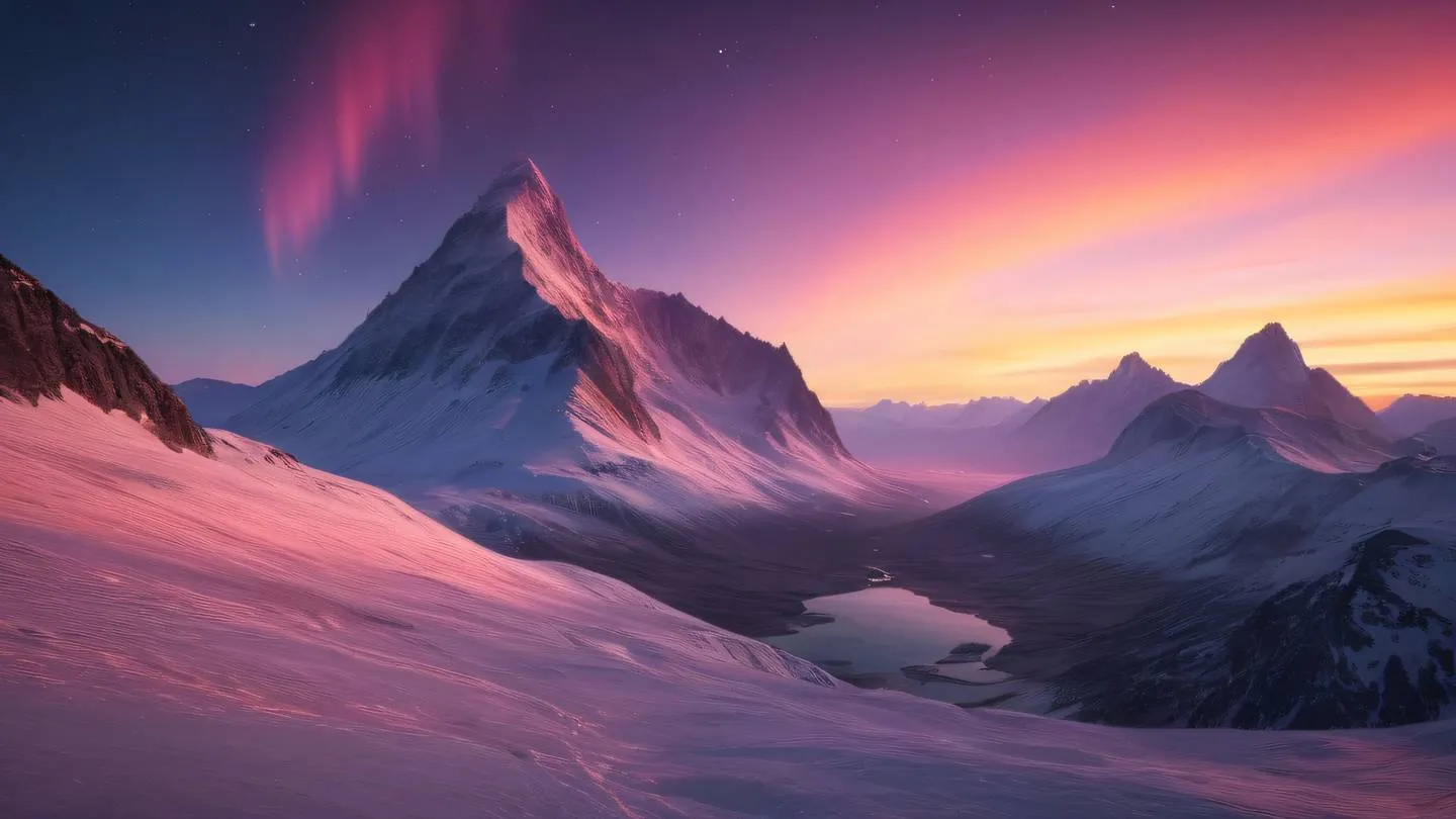 Ethereal mountain peaks bathed in warm sunset light with streams of pink and orange aurora borealis dancing across the sky reminiscent of data streams high-quality ultra-realistic cinematic 8K UHD high resolution sharp and detail