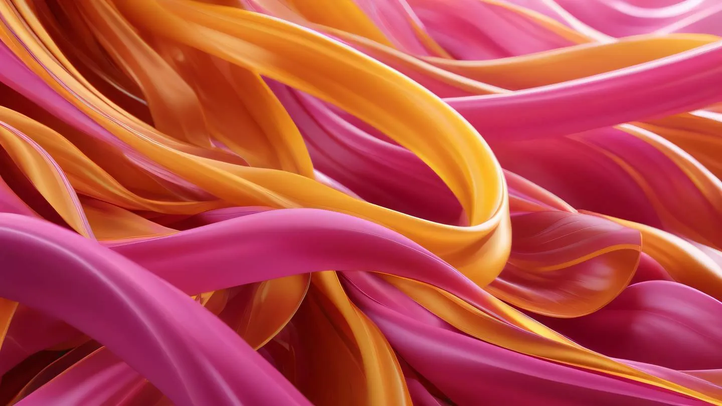 Abstract flowing waves with intertwining ribbons of amber and bright pink resembling a dynamic configuration pattern ultra-realistic cinematic 8K UHD high resolution sharp and detail