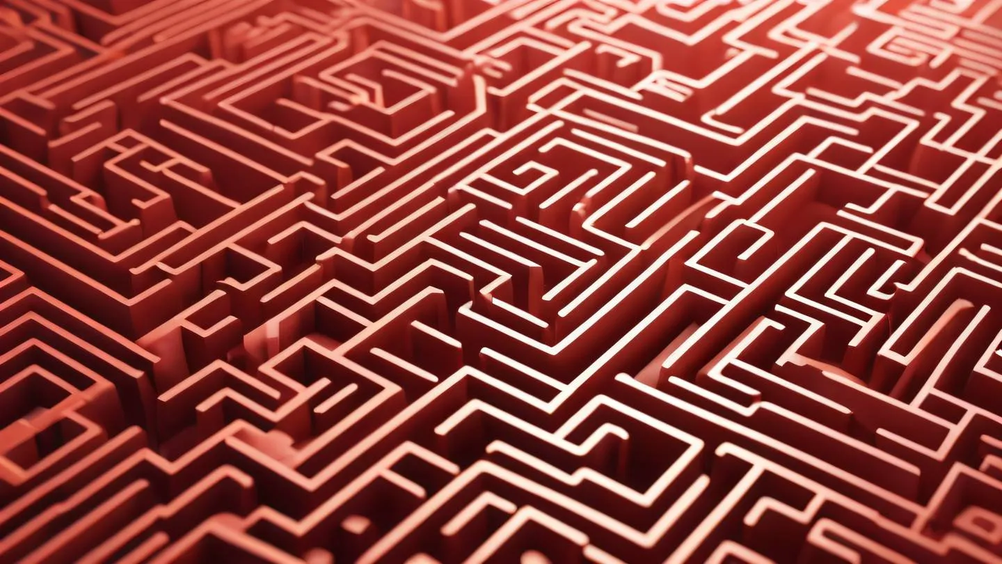 Geometric maze pattern in bright orange and soft pink tones flowing smoothly like a circuit board layout high-quality ultra-realistic cinematic 8K UHD sharp and detail