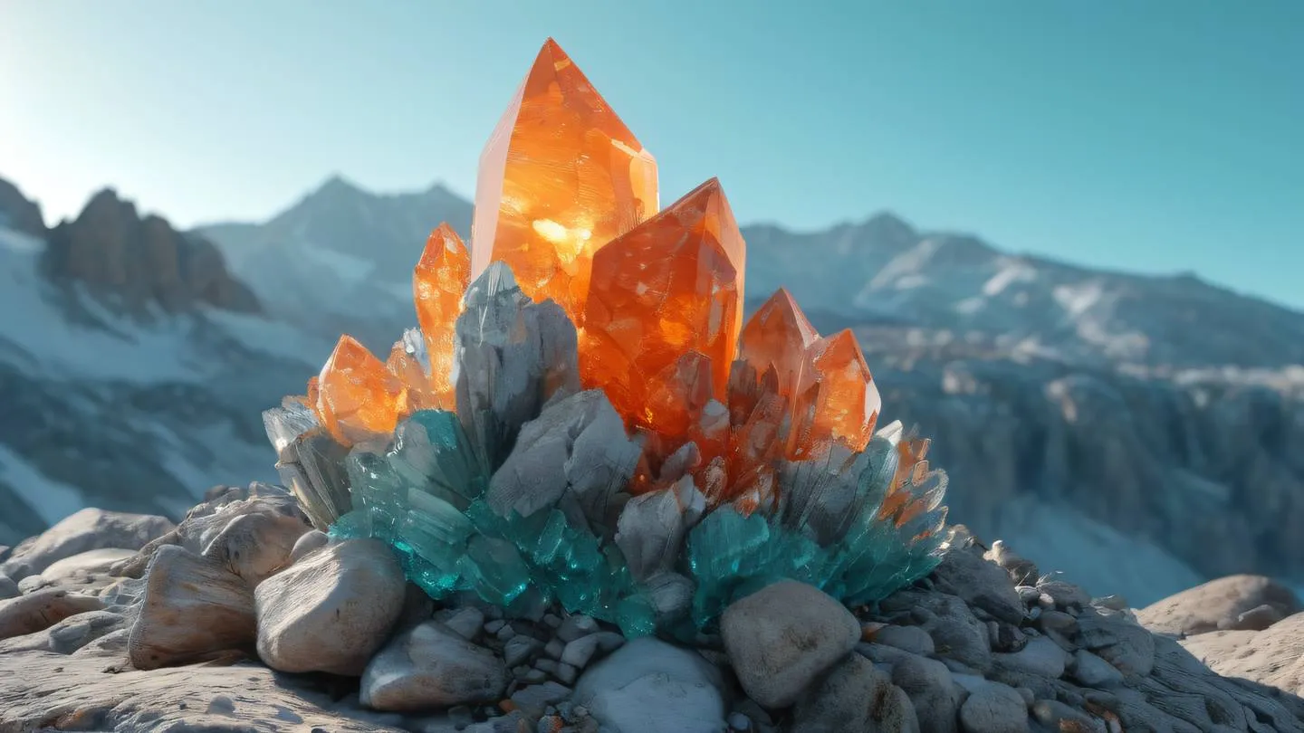 Abstract crystalline formation emerging from a rocky mountain base with bright orange and cyan crystals jutting out against a silver sky geometric patterns reflecting light high-quality ultra-realistic cinematic 8K UHD high resolution sharp and detail