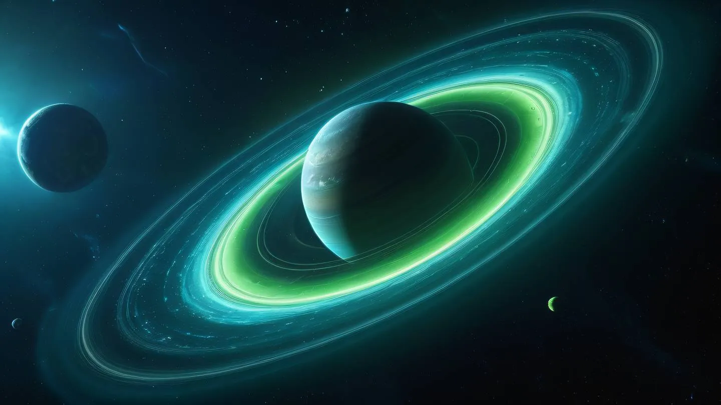 Ethereal planet floating in space with swirling lime and cyan auroras surrounded by geometric silver rings bright color palette with high contrast high-quality ultra-realistic cinematic 8K UHD high resolution sharp and detail