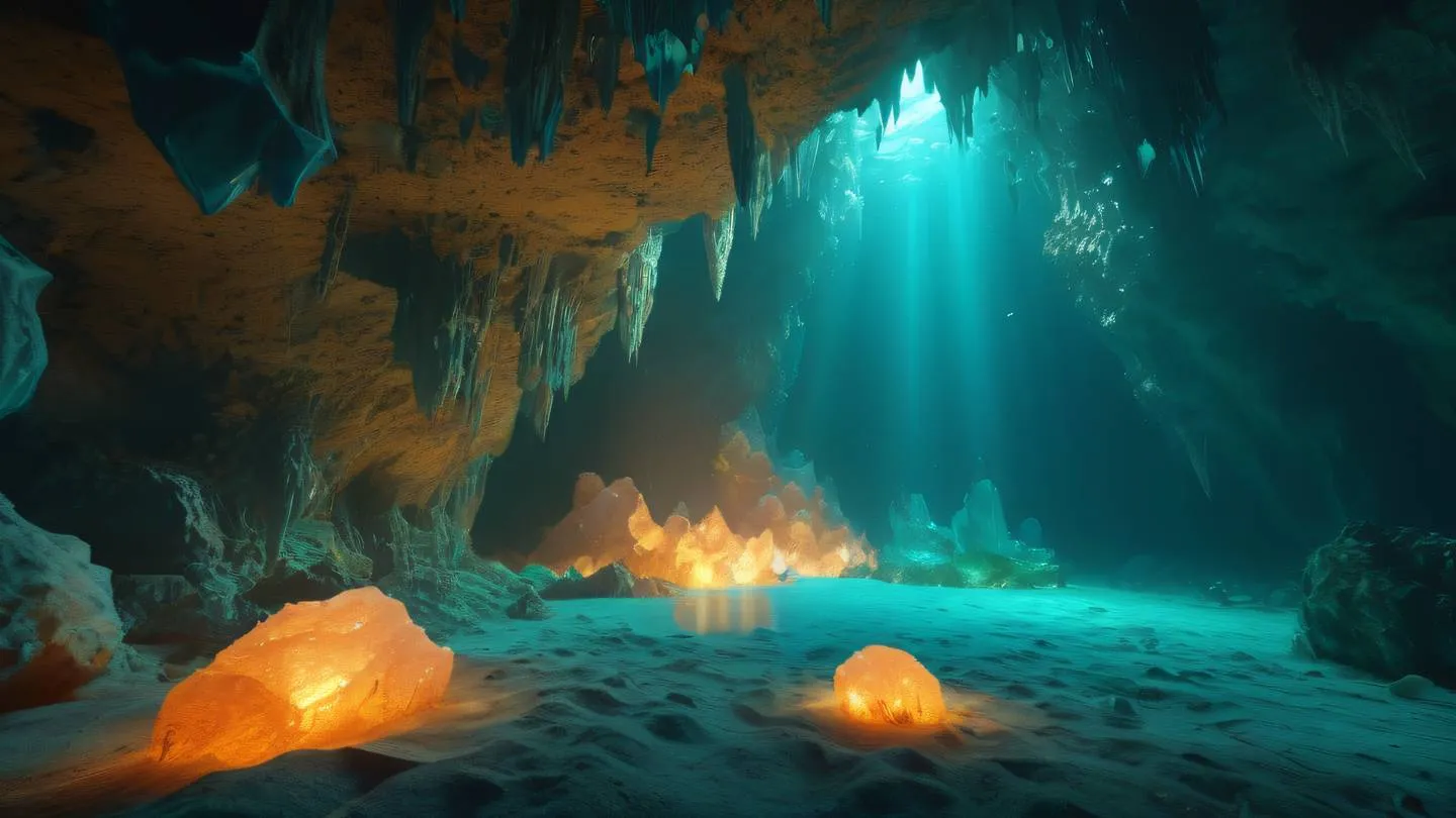 Underwater crystal cave with vibrant orange and lime formations illuminated by ethereal cyan light streaming through cracks pristine clarity high-quality ultra-realistic cinematic 8K UHD high resolution sharp and detail