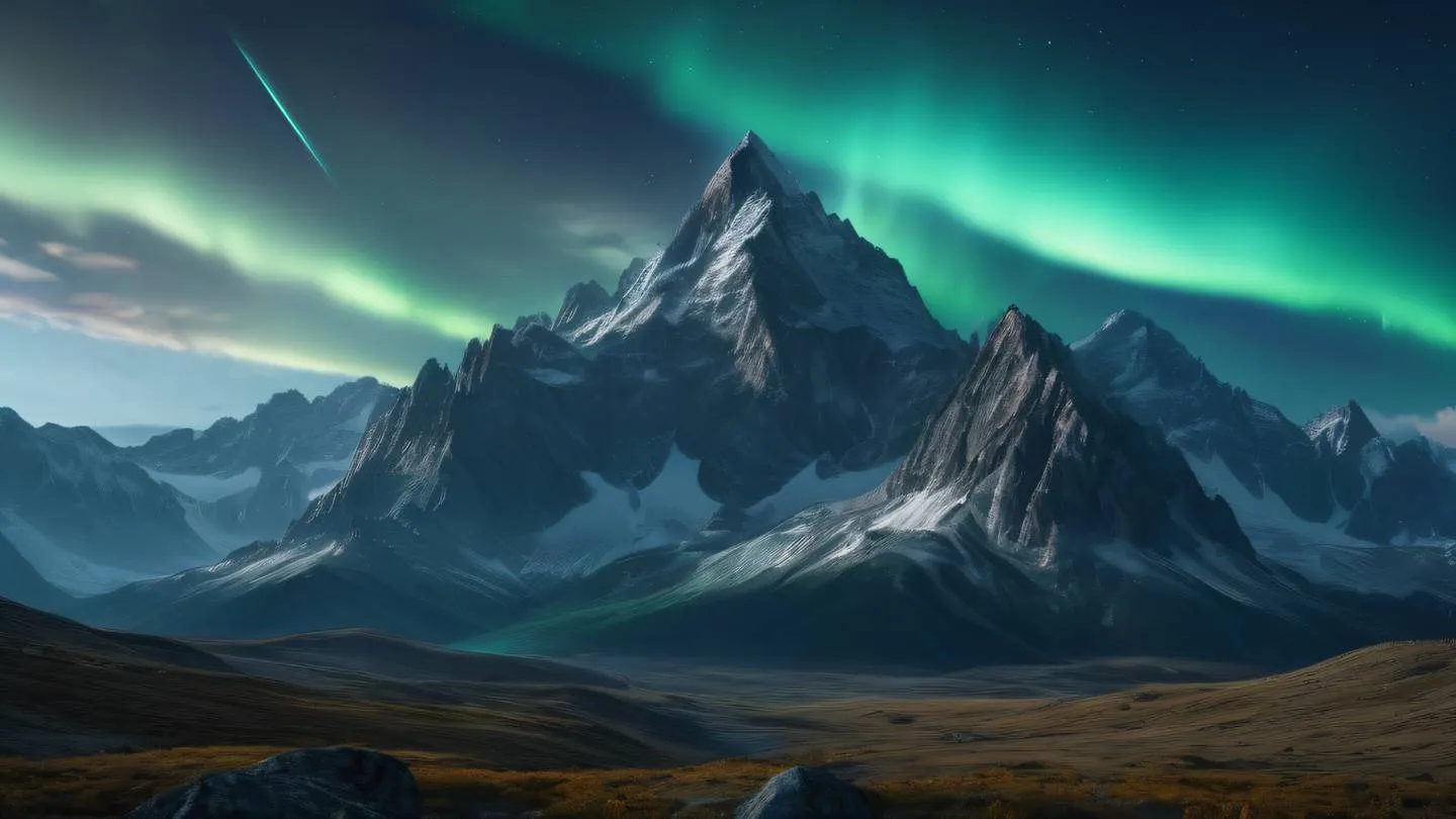 Majestic rocky mountain peaks with silver and orange streaks surrounded by swirling lime clouds and cyan aurora lights in the sky dramatic landscape high-quality ultra-realistic cinematic 8K UHD high resolution sharp and detail