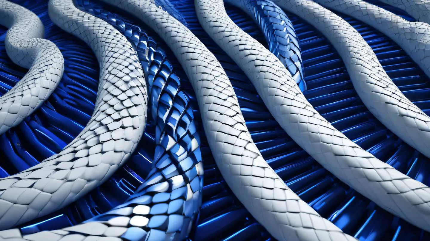 An abstract representation of intertwining geometric shapes forming a snake-like pattern with flowing gradients of bright indigo electric blue and pristine white symbolizing configuration management and command structures high-quality ultra-realistic cinematic 8K UHD high resolution sharp and detail