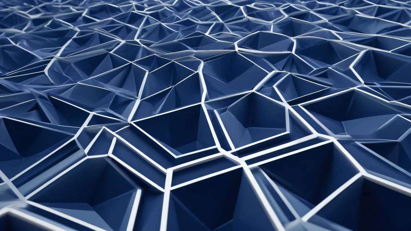 A minimalist geometric pattern showing crystalline structures in bright navy and white forming a flowing river-like pattern against a gradient background representing data flow and configuration management high-quality ultra-realistic cinematic 8K UHD high resolution sharp and detail