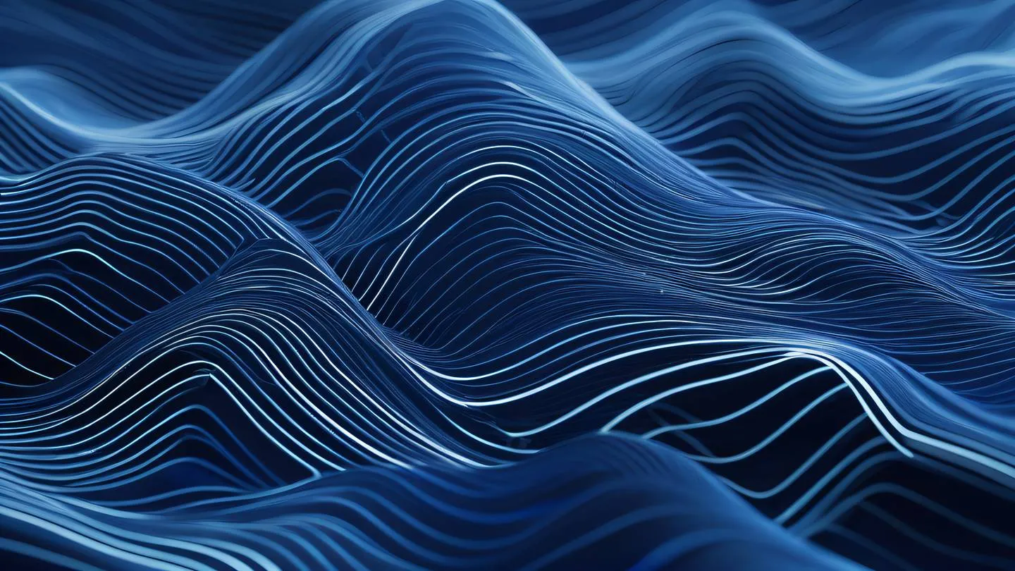 Abstract flowing patterns resembling digital waves and circuits rendered in bright indigo and white with subtle geometric overlays symbolizing data transformation and configuration management high-quality ultra-realistic cinematic 8K UHD high resolution sharp and detail