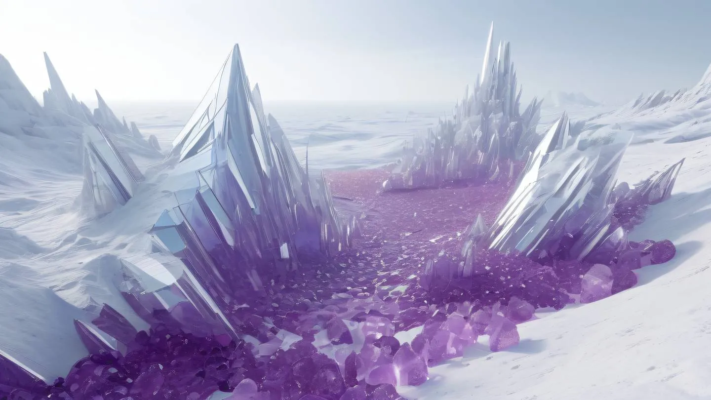 A futuristic abstract landscape with crystalline structures and floating geometric shapes featuring shimmering silver and bright violet colors against a pristine white background ultra-realistic cinematic 8K UHD high resolution sharp and detail