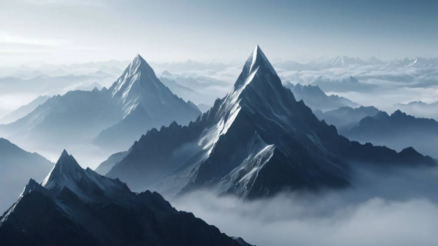 Abstract geometric mountain peaks rising through misty clouds with metallic gray-blue gradients and shimmering white highlights high-quality ultra-realistic cinematic 8K UHD high resolution sharp and detail