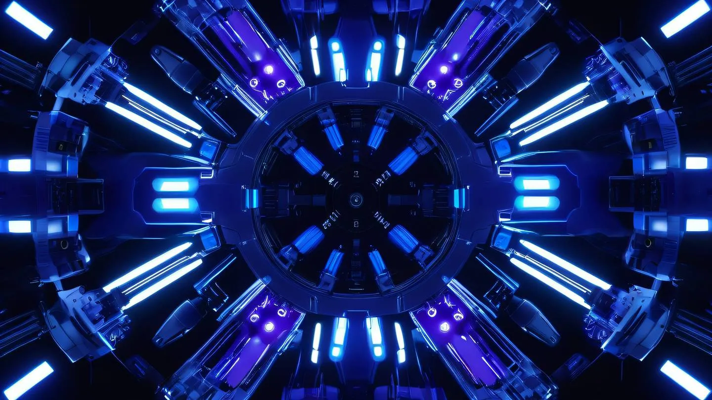 Robotic components arranged in a symmetric pattern illuminated by bright violet and electric blue lights with white accents high-quality ultra-realistic cinematic 8K UHD high resolution sharp and detail