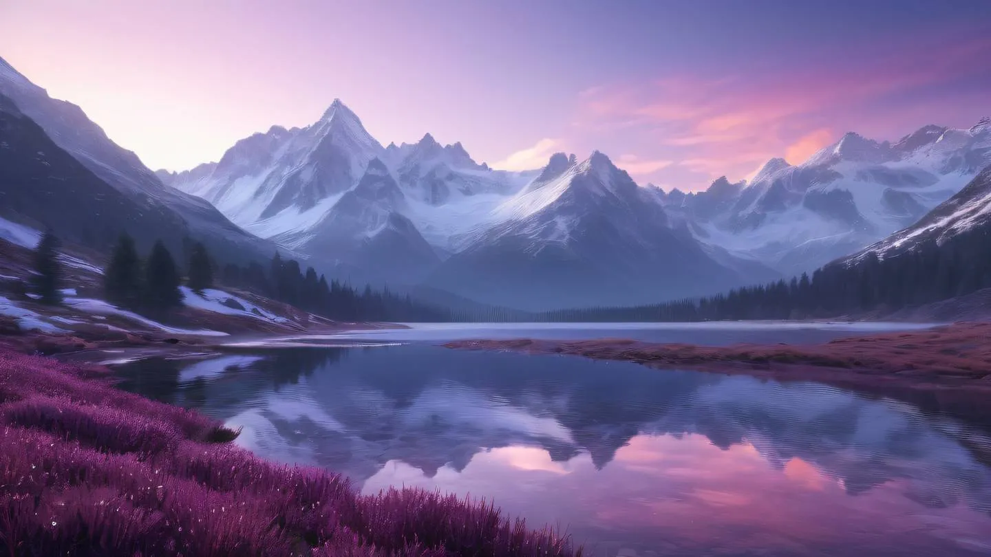 A serene mountain landscape with snow-capped peaks reflecting shimmering light painted in ethereal white and bright violet hues high-quality ultra-realistic cinematic 8K UHD high resolution sharp and detail