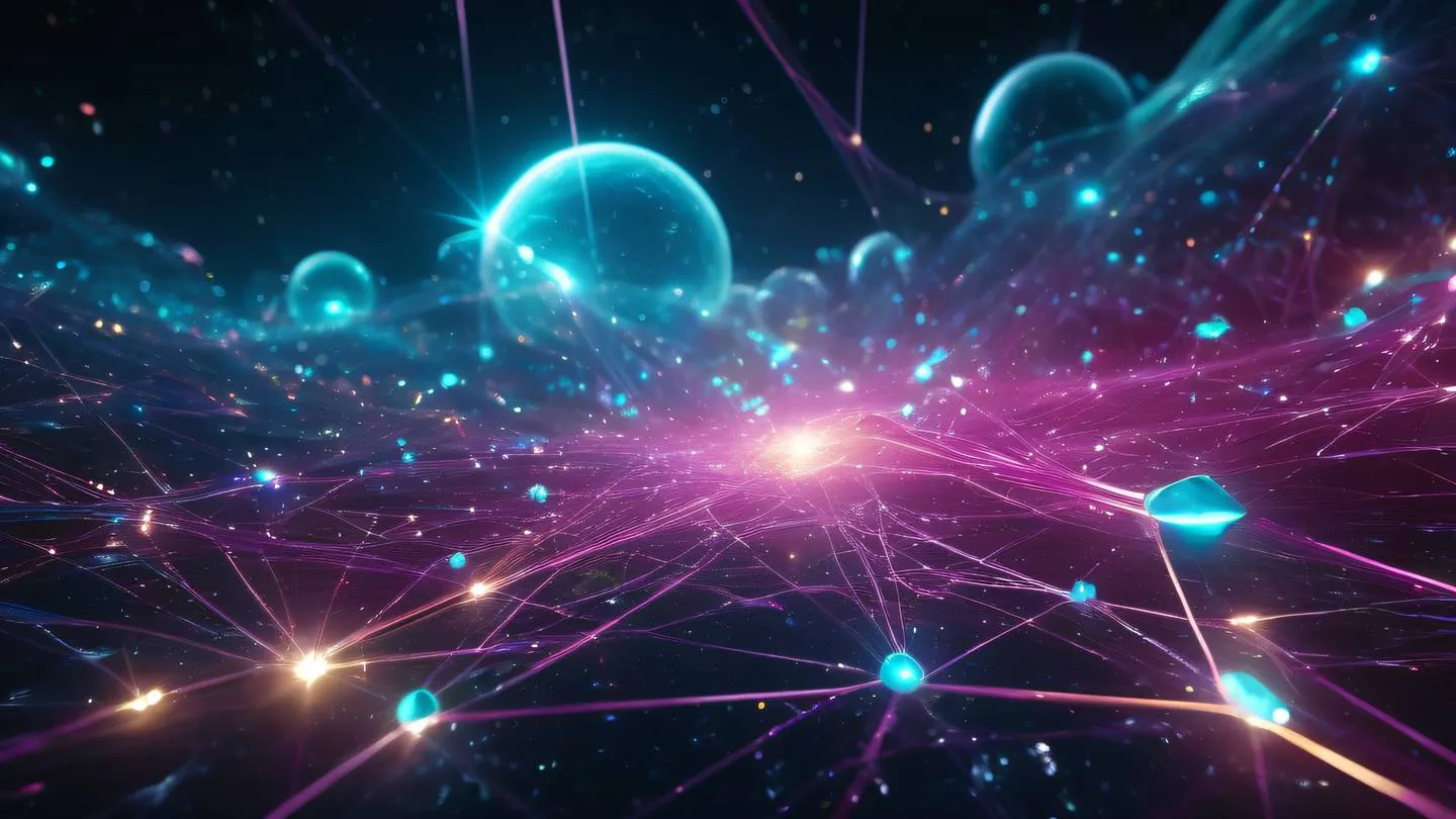 A futuristic network of glowing crystalline nodes connected by shimmering energy streams featuring vibrant cyan magenta and gold pulses flowing through transparent pathways against a deep space background high-quality ultra-realistic cinematic 8K UHD high resolution sharp and detail