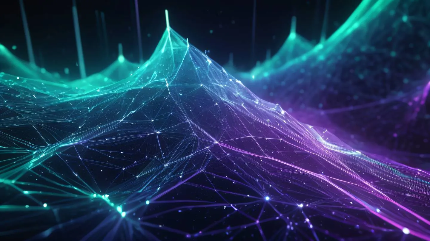 Abstract visualization of data streams flowing through a crystalline network structure with neon purple electric blue and emerald green energy patterns interweaving in geometric formations high-quality ultra-realistic cinematic 8K UHD high resolution sharp and detail