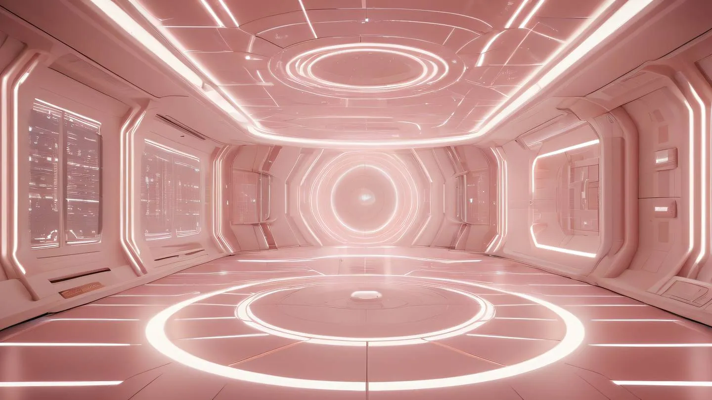 An ethereal space station communication hub with rose gold and pearl white geometric patterns featuring flowing data streams visualized as shimmering ribbons of light in pink coral and ivory tones high-quality ultra-realistic cinematic 8K UHD high resolution sharp and detail