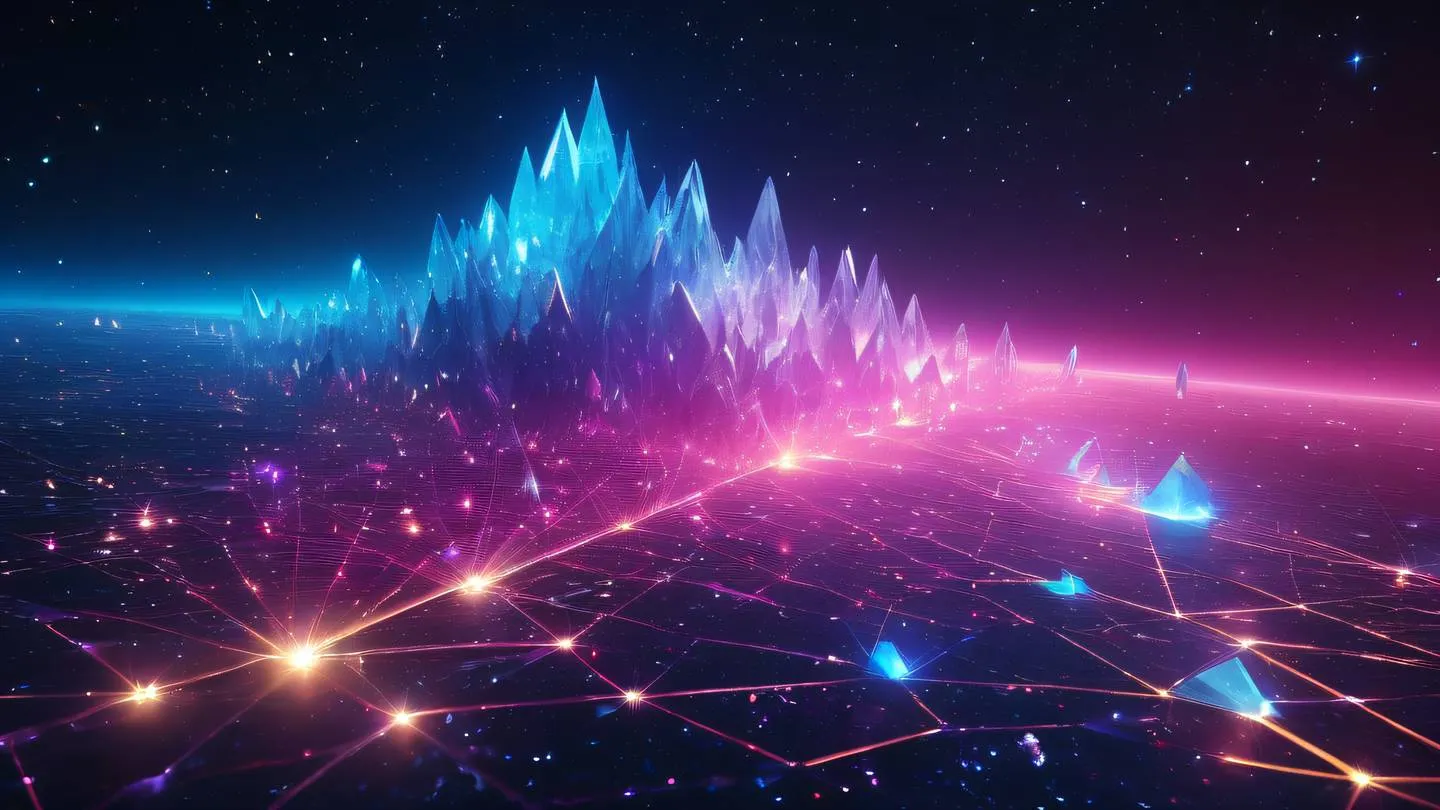 A cosmic communication array featuring interconnected geometric crystals pulsing with neon blue vibrant pink and brilliant gold energy waves set against a star-filled deep space backdrop high-quality ultra-realistic cinematic 8K UHD high resolution sharp and detail