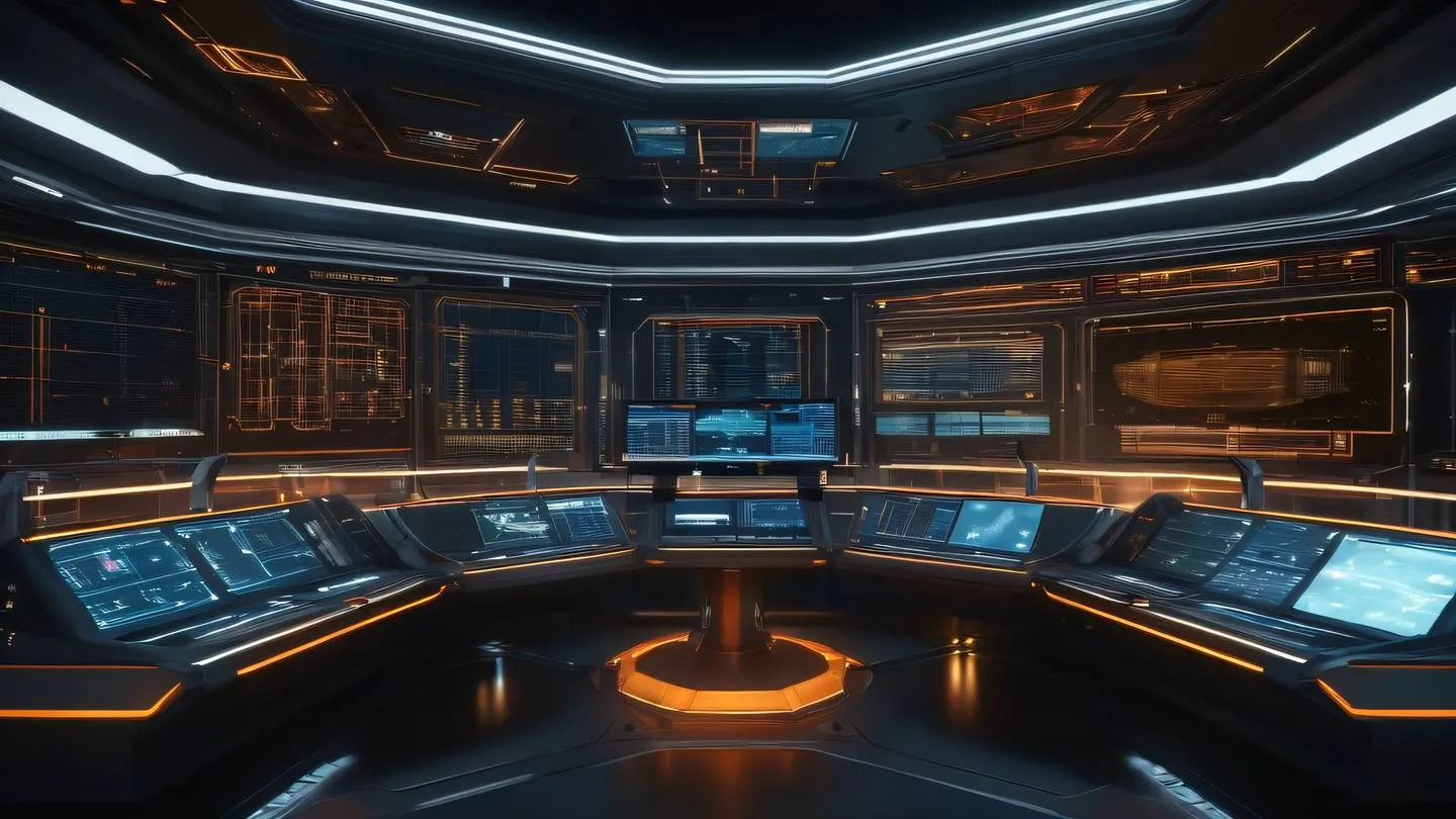 A futuristic space station control room with multiple holographic data streams flowing through transparent panels featuring glowing circuits in bright orange and gold tones against a deep space background high-quality ultra-realistic cinematic 8K UHD high resolution sharp and detail