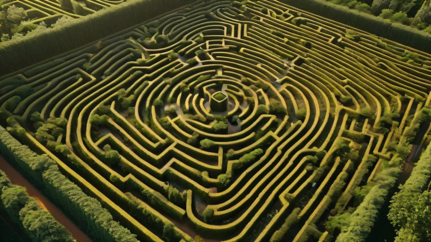 Aerial view of an intricate garden maze with flowing paths representing data flow patterns illuminated by natural sunlight creating golden highlights and orange shadows high-quality ultra-realistic cinematic 8K UHD high resolution sharp and detail