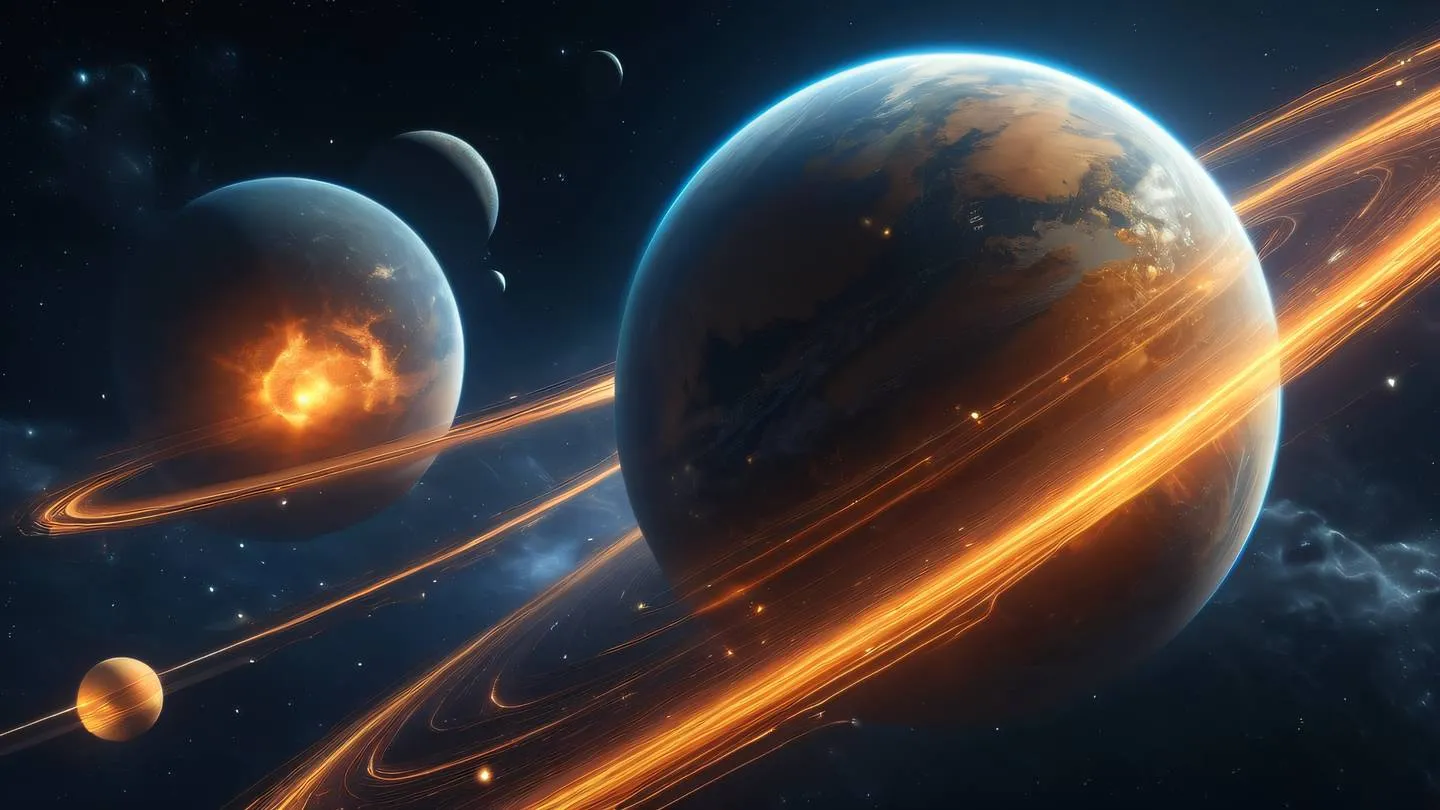 A celestial view of interconnected planets with data streams flowing between them featuring bright orange and gold energy trails against the cosmic background with nebulous clouds in natural colors high-quality ultra-realistic cinematic 8K UHD high resolution sharp and detail