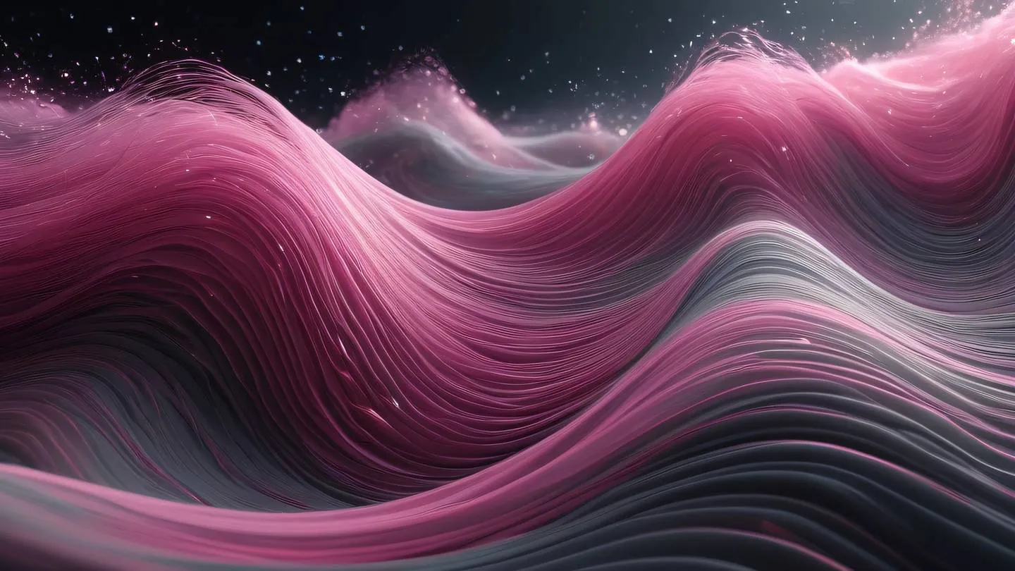 Abstract visualization of data streams featuring flowing pink and gray waves intertwining in a cosmic dance with particle effects high-quality ultra-realistic cinematic 8K UHD high resolution sharp and detail