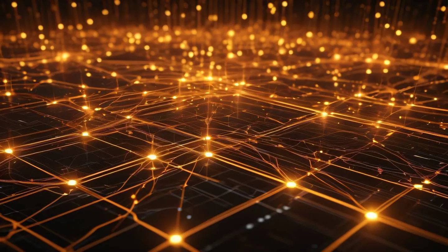 A futuristic network hub visualization with glowing interconnected nodes and flowing energy streams in bright amber and orange tones creating an abstract representation of data transmission ultra-realistic cinematic 8K UHD high resolution sharp and detail