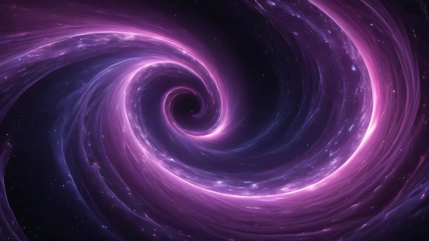 Abstract digital wave patterns flowing through a cosmic void with bright purple and pink energy streams interweaving in spiral formations representing data flow in space high-quality ultra-realistic cinematic 8K UHD high resolution sharp and detail